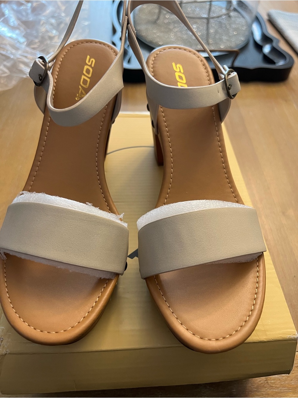Soda Women's Light Beige Ankle-Strap Block Heel Sandals